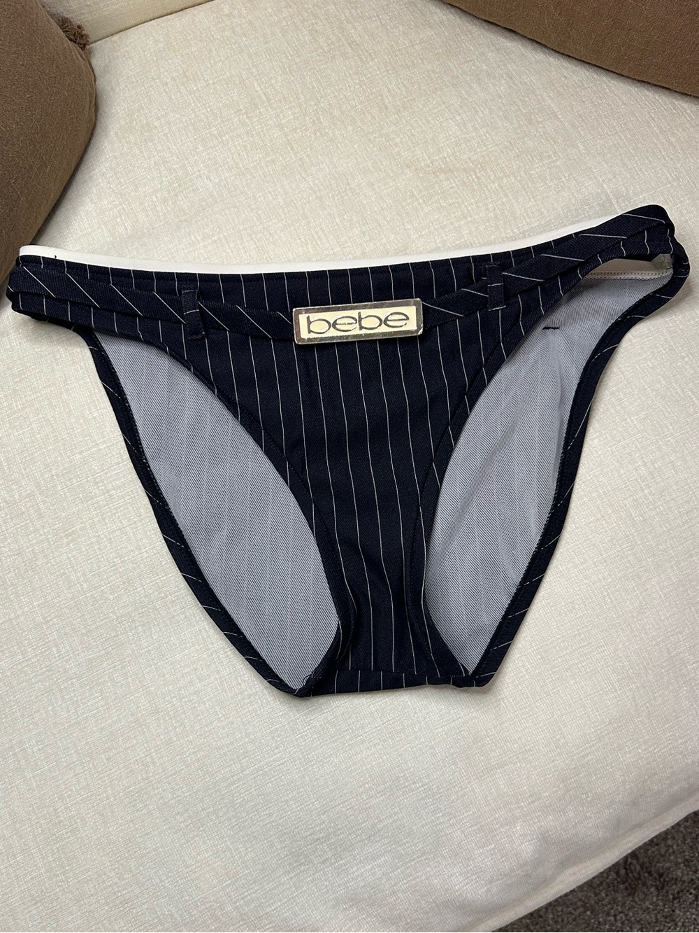 Y2K BEBE Black and Ivory Striped Swim Brief with Logo Tag